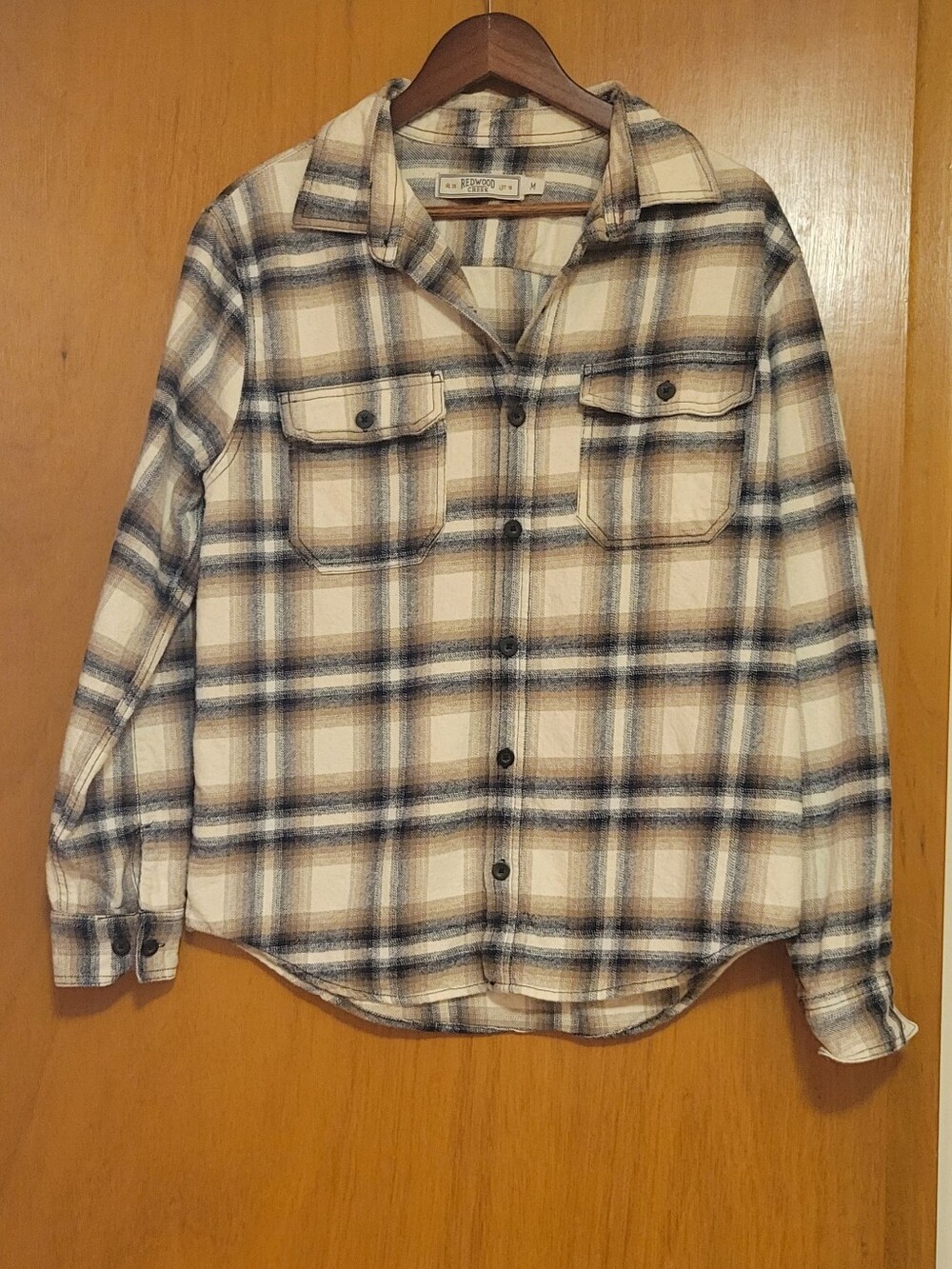 Men's Flannel Plaid Button-Down Shirt in Blue & Tan Size Medium
